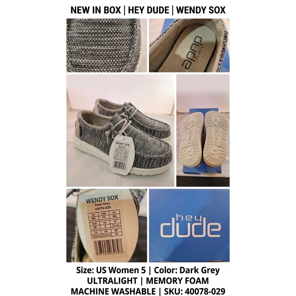 NIB Hey Dude Wendy Sox Dark Grey Women Size 5 Slip On Comfort Loafers 40078-029